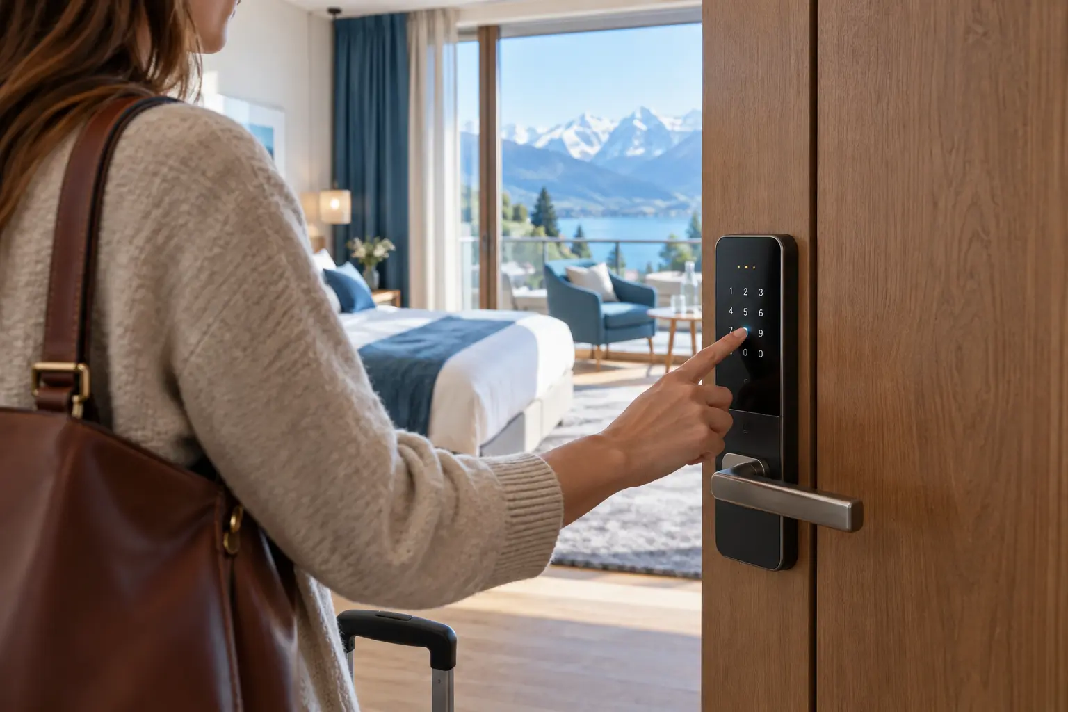 Gast gibt einen Zugangscode an einem elektronischen Türschloss ein