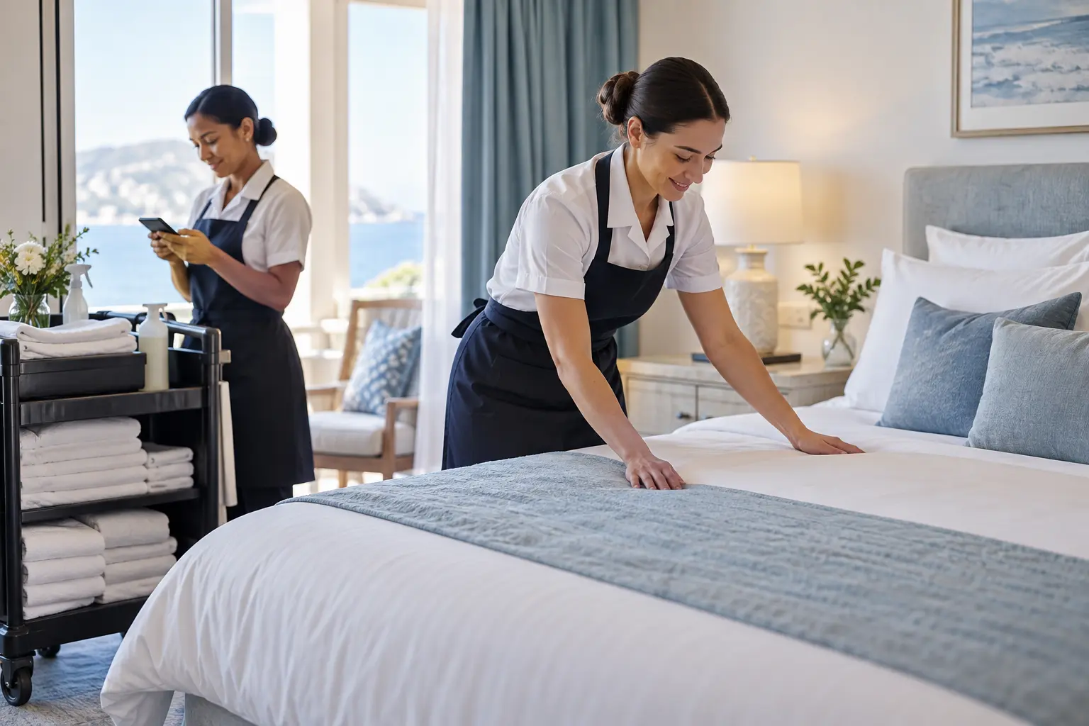 Reinigungsteam bereitet ein Hotelzimmer vor und koordiniert Aufgaben digital
