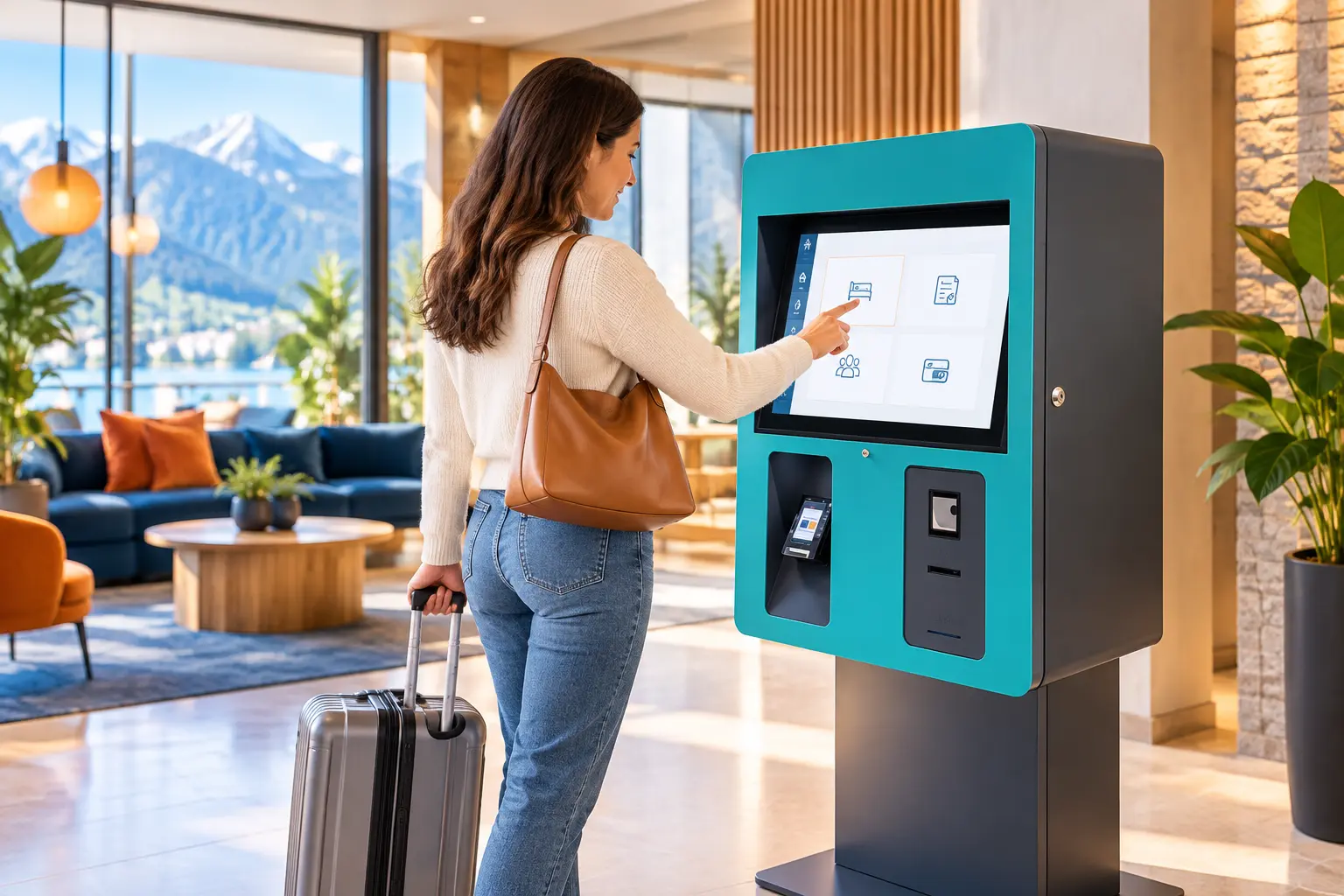 Gast checkt selbstständig an einem digitalen Hotel-Check-in-Automaten ein; im Hintergrund ist keine Rezeption besetzt